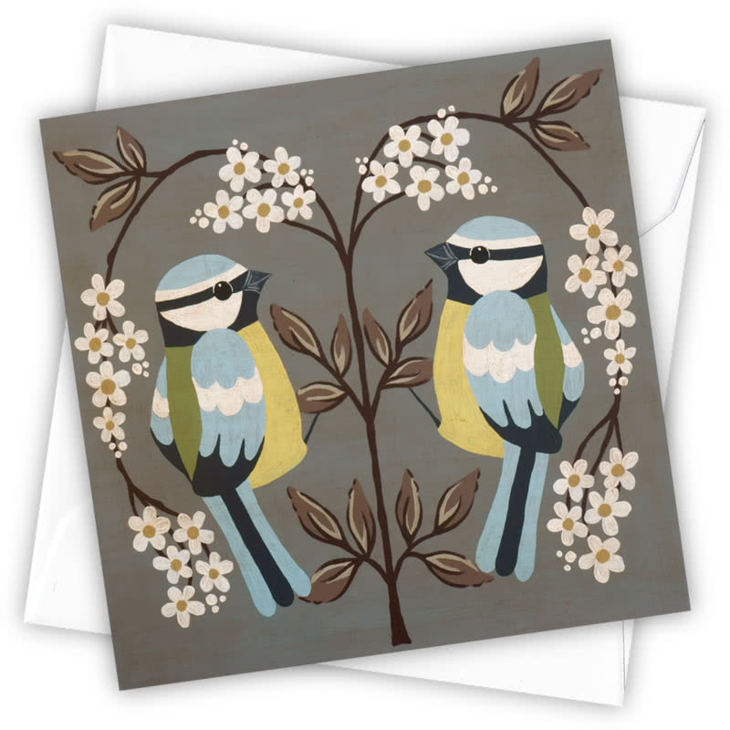 Blue Tits Greetings Card - Magnolia the Florist Individual greeting card and envelope. Blank inside for your personal message Supplied with a colour co-ordinated envelope Envelope colour: White High-quality (300gsm) matt finish card Printed in the UK. Size: 100mm × 100m