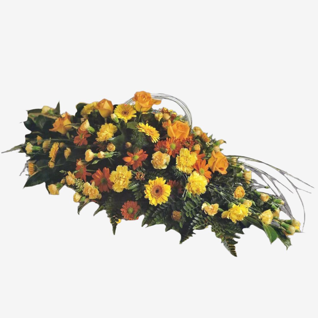 Orange and Yellow Casket Spray - Magnolia the Florist This stunning casket spray is made from a mixture of seasonal Orange and Yellow flowers and foliage. The image is an overall representation of the finished item and flower content may differ from the image shown. If you cannot find what you want on our site, please call our sales team, we're always happy to assist you. This item requires 2 days notice to order.