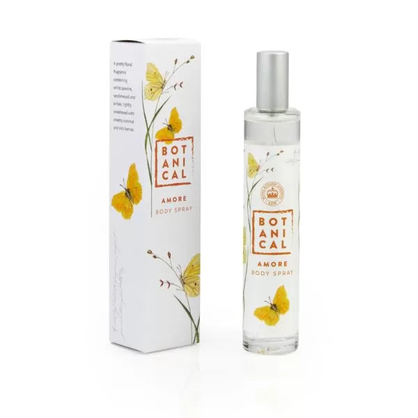 Botanical Amore Body Spray 50ml - Magnolia the Florist A mist of delicate fragrance perfect for use throughout the day. PRODUCT DETAIL Vegan friendly, cruelty free, shelf life 36 months. FRAGRANCE A pretty floral fragrance combining white jasmine, sandalwood and amber, lightly sweetened with creamy coconut and rich berries. HOW TO USE Spritz a small amount on pulse points. INGREDIENTS Alcohol Denat., Aqua (Water), Glycerin, Parfum (Fragrance), Limonene, Linalool, Citral, Geraniol.