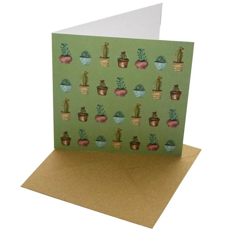 Green Cactus Greetings Card - Magnolia the Florist Gift your loved ones a beautiful Green Cactus Greetings Card that will make any occasion special. This 148mm square card is made with a sustainable, 100% recycled unbleached 350gsm paper. The featured feather design with a blank interior for a personal message makes it a perfect choice for any special day.