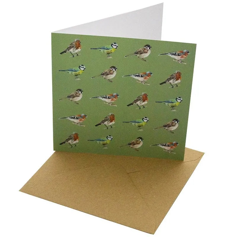 Green Garden Birds Greetings Card - Magnolia the Florist Gift your loved ones a beautiful Green Garden Birds Greetings Card that will make any occasion special. This 148mm square card is made with a sustainable, 100% recycled unbleached 350gsm paper. The featured feather design with a blank interior for a personal message makes it a perfect choice for any special day.