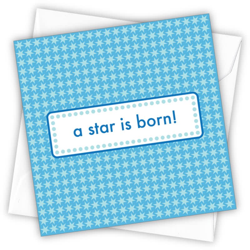 A Star Is Born! (Blue) Greetings Card - Magnolia the Florist Individual greeting card and envelope. Blank inside for your personal message Supplied with a colour co-ordinated envelope Envelope colour: White High-quality (300gsm) matt finish card Printed in the UK. Size: 100mm × 100m