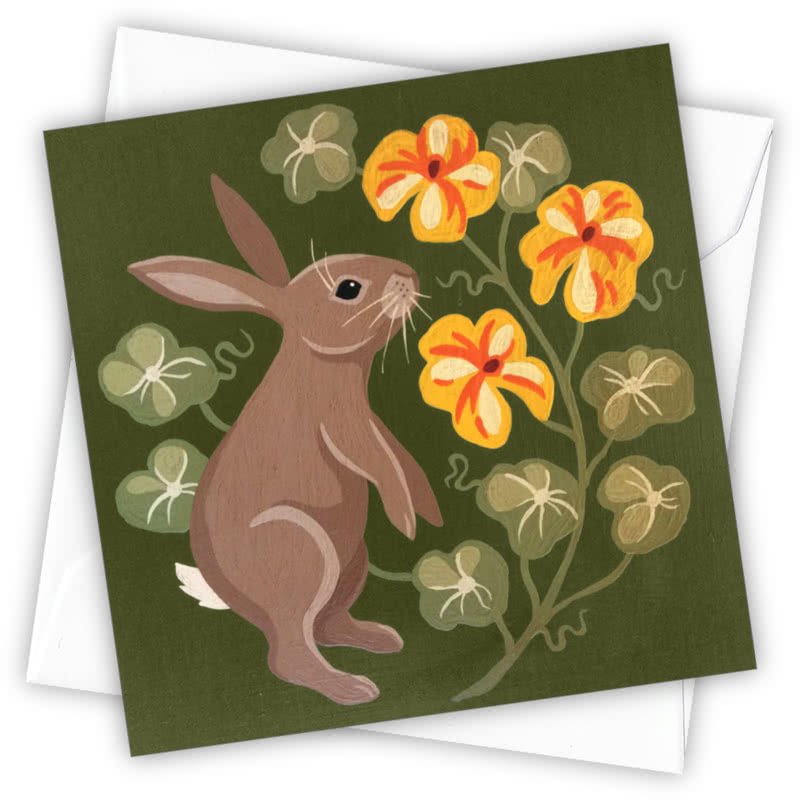 Bunny Rabbit Greetings Card - Magnolia the Florist Individual greeting card and envelope. Blank inside for your personal message Supplied with a colour co-ordinated envelope Envelope colour: White High-quality (300gsm) matt finish card Printed in the UK. Size: 100mm × 100m