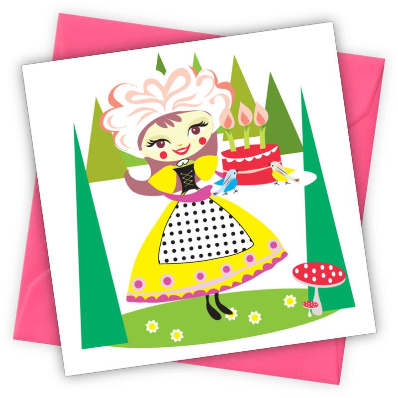 Cake Lady Greetings Card - Magnolia the Florist Individual greeting card and envelope. Blank inside for your personal message Supplied with a colour co-ordinated envelope Envelope colour: Cerise High-quality (300gsm) matt finish card Printed in the UK. Size: 100mm × 100m