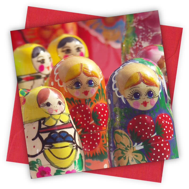 Russian Dolls Greetings Card - Magnolia the Florist Individual greeting card and envelope. Blank inside for your personal message Supplied with a colour co-ordinated envelope Envelope colour: Red High-quality (300gsm) matt finish card Printed in the UK. Size: 100mm × 100m