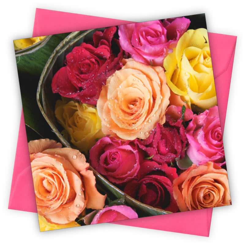 Flower Market Greetings Card - Magnolia the Florist Individual greeting card and envelope. Blank inside for your personal message Supplied with a colour co-ordinated envelope Envelope colour: Cerise High-quality (300gsm) matt finish card Printed in the UK. Size: 100mm × 100m