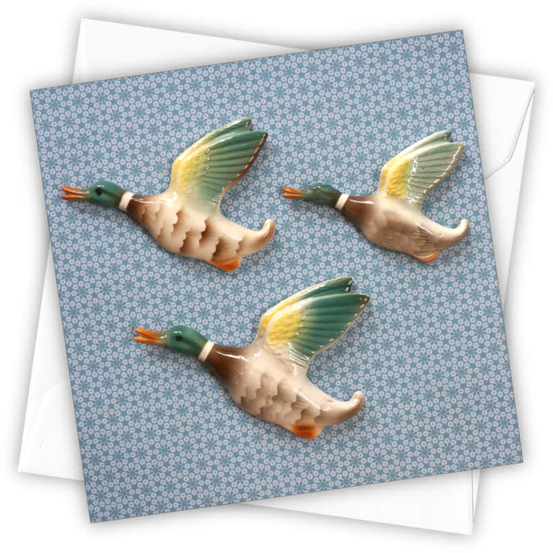 Flying Ducks Greetings Card - Magnolia the Florist Individual greeting card and envelope. Blank inside for your personal message Supplied with a colour co-ordinated envelope Envelope colour: White High-quality (300gsm) matt finish card Printed in the UK. Size: 100mm × 100m