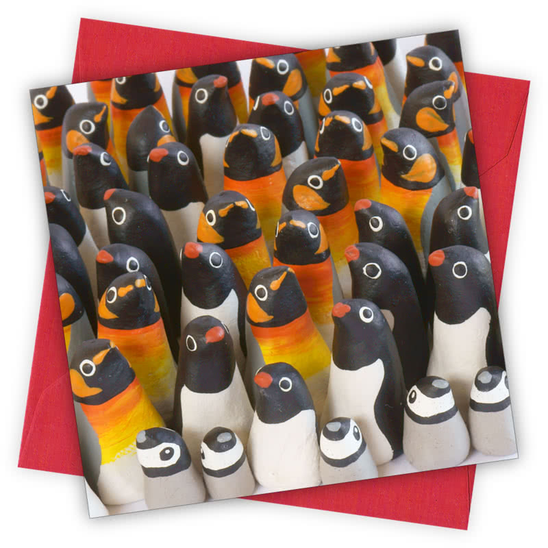 Penguins Greetings Card - Magnolia the Florist Individual greeting card and envelope. Blank inside for your personal message Supplied with a colour co-ordinated envelope Envelope colour: Red High-quality (300gsm) matt finish card Printed in the UK. Size: 100mm × 100m