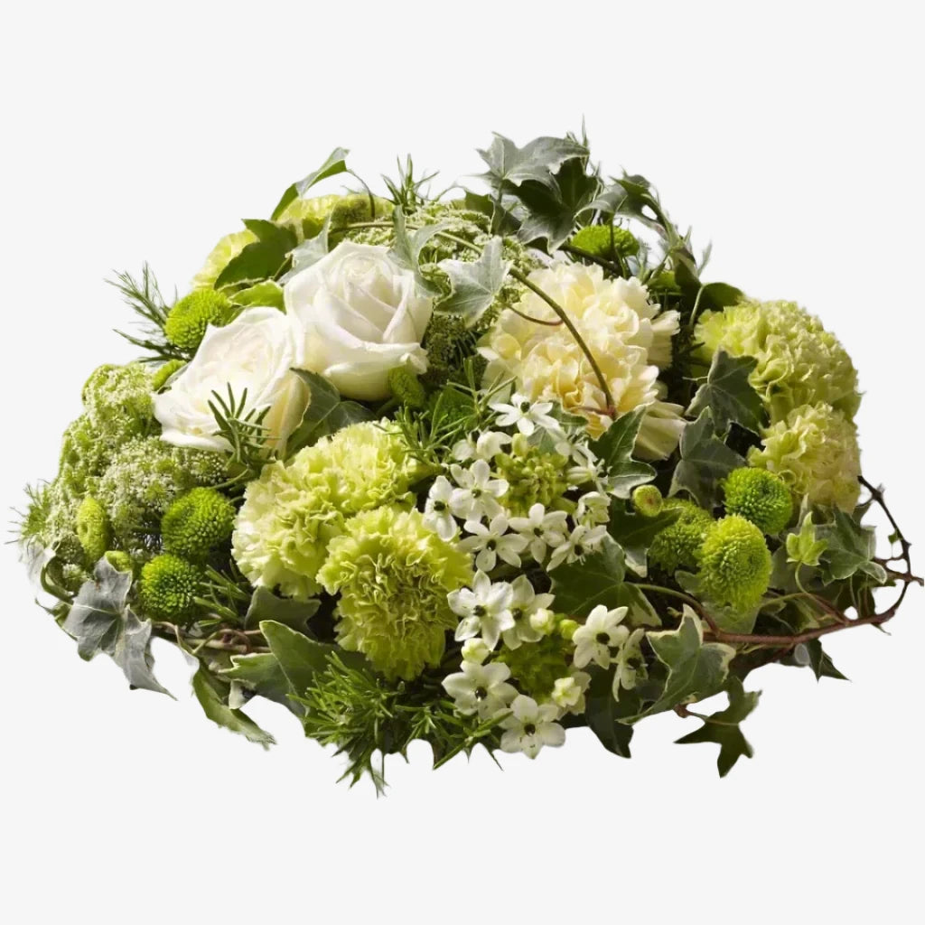 Woodland Posy - Magnolia the Florist Large-headed Roses, Carnations, Spray Chrysanthemums and delicate Giant Chincherinchee are surrounded by Rosemary and Ruscus leaves to create this white and green woodland-themed posy design. If you cannot find what you want on our site, please call our sales team, we're always happy to assist you This item requires 3 days notice to order.