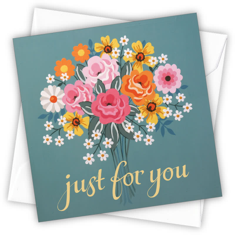 Just For You Greetings Card - Magnolia the Florist Individual greeting card and envelope. Blank inside for your personal message Supplied with a colour co-ordinated envelope Envelope colour: White High-quality (300gsm) matt finish card Printed in the UK. Size: 100mm × 100m