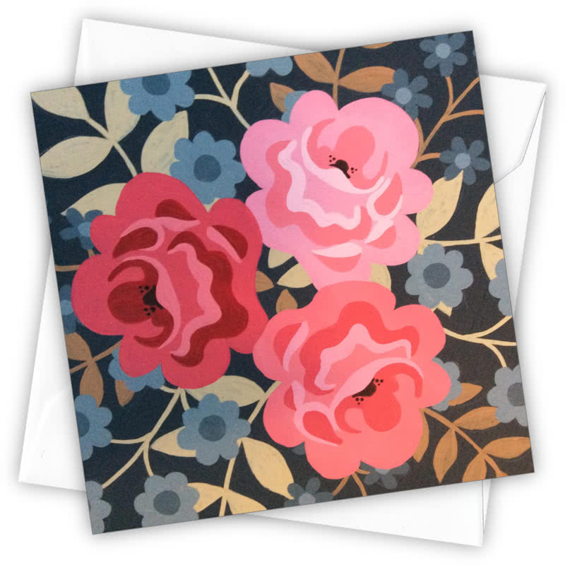 Dusky Roses Greetings Card - Magnolia the Florist Individual greeting card and envelope. Blank inside for your personal message Supplied with a colour co-ordinated envelope Envelope colour: White High-quality (300gsm) matt finish card Printed in the UK. Size: 100mm × 100m