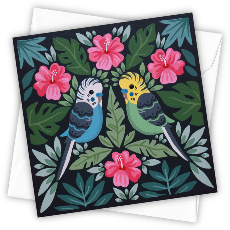 Tropical Budgies Greetings Card - Magnolia the Florist Individual greeting card and envelope. Blank inside for your personal message Supplied with a colour co-ordinated envelope Envelope colour: White High-quality (300gsm) matt finish card Printed in the UK. Size: 100mm × 100m