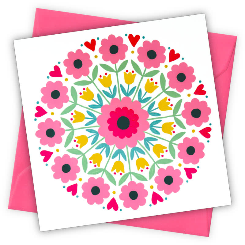 Kaleidoscope Flowers Greetings Card - Magnolia the Florist Individual greeting card and envelope. Blank inside for your personal message Supplied with a colour co-ordinated envelope Envelope colour: Cerise High-quality (300gsm) matt finish card Printed in the UK. Size: 100mm × 100m